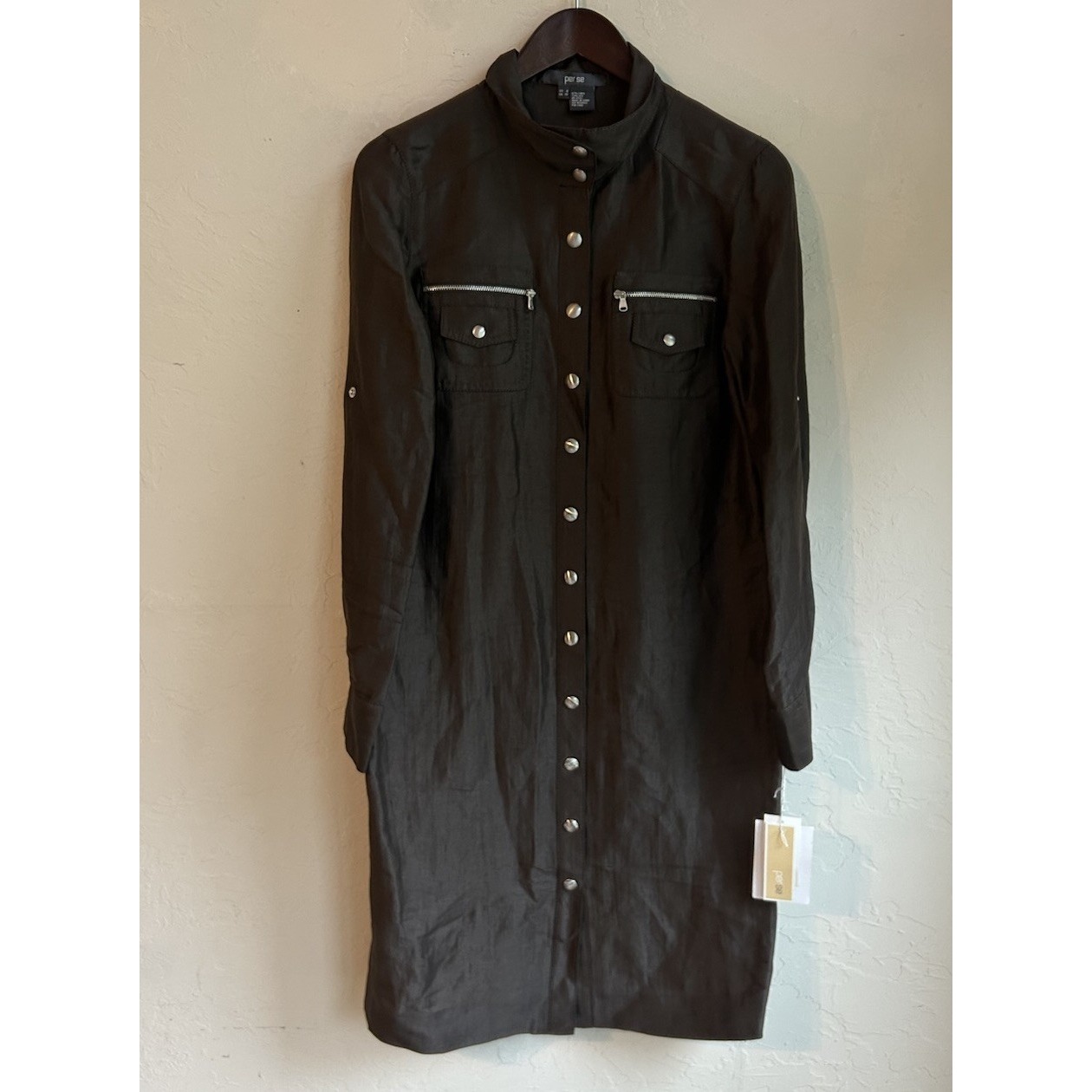 Per Se By Carlisle Linen Silk Snap Front Shirt Dress Nwt Classic Quiet Luxury 8